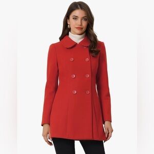 NWT- Allegra K Peter Pan Collar Double Breasted Winter Long Trench Pea- Size LG
